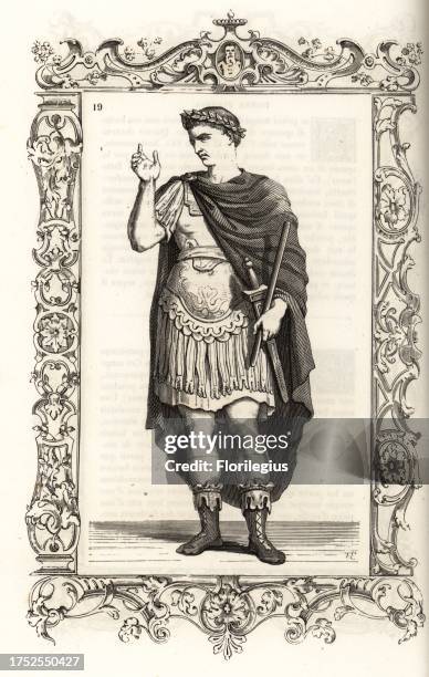 Costume of an emperor of ancient Rome. Caesar wears a laurel crown, mantle tied at the right shoulder, breastplate armor, sword, boots. Within a...