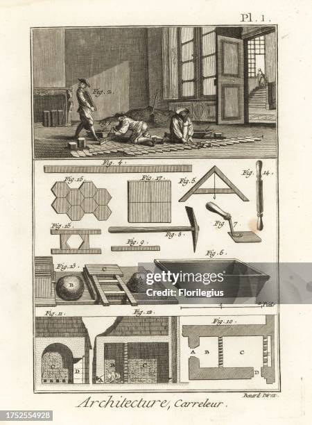 Tilers working on a building floor, 18th century. Workers laying floor tiles, paving stones, and various tools, trowel, level, hammer, pin, basin,...