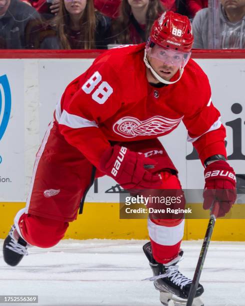 Daniel Sprong of the Detroit Red Wings skates up ice against the Calgary Flames during the first period at Little Caesars Arena on October 22, 2023...