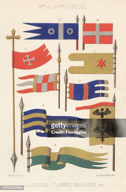 Banners, pennants, ensigns, etc., 10th to 14th century. Pennon or penonceau, showing ranks of chivalry 3 6. Military flags, pavilion or tent banners...
