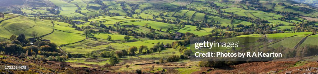Green fields around the village of Combs, Derbyshire, England