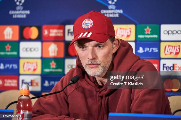 Thomas Tuchel, head coach of FC Bayern Muenchen listening to a journalist during the press conference on October 23, 2023 in Istanbul, Turkey.