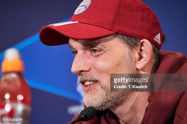Thomas Tuchel, head coach of FC Bayern Muenchen listening to a journalist during the press conference on October 23, 2023 in Istanbul, Turkey.