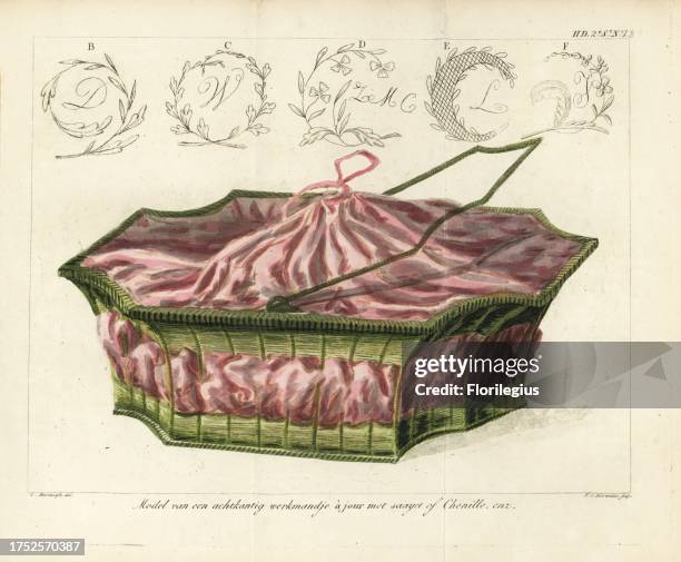 Model for an octagonal work basket in fabric and straw. Embroidered initials. Handcoloured copperplate engraving by F. C. Bierweiler after an...