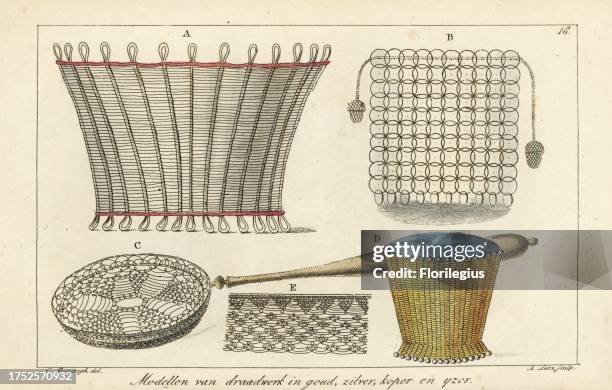 Patterns for wire work baskets, pans, etc. In gold, silver, copper and iron wire. Handcoloured copperplate engraving by A. Lutz after an illustration...