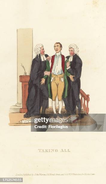 English gentleman held by two lawyers in wigs and gowns, Regency era. His pockets empty, Tom Takeall is tried in court and sent to Fleet prison for...