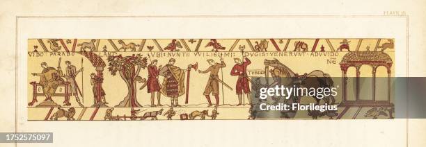 Count Guy I of Ponthieu in conference with Harold Godwinson, and Guy with huge axe receiving messengers from Duke WIlliam of Normandy. A dwarf Turold...