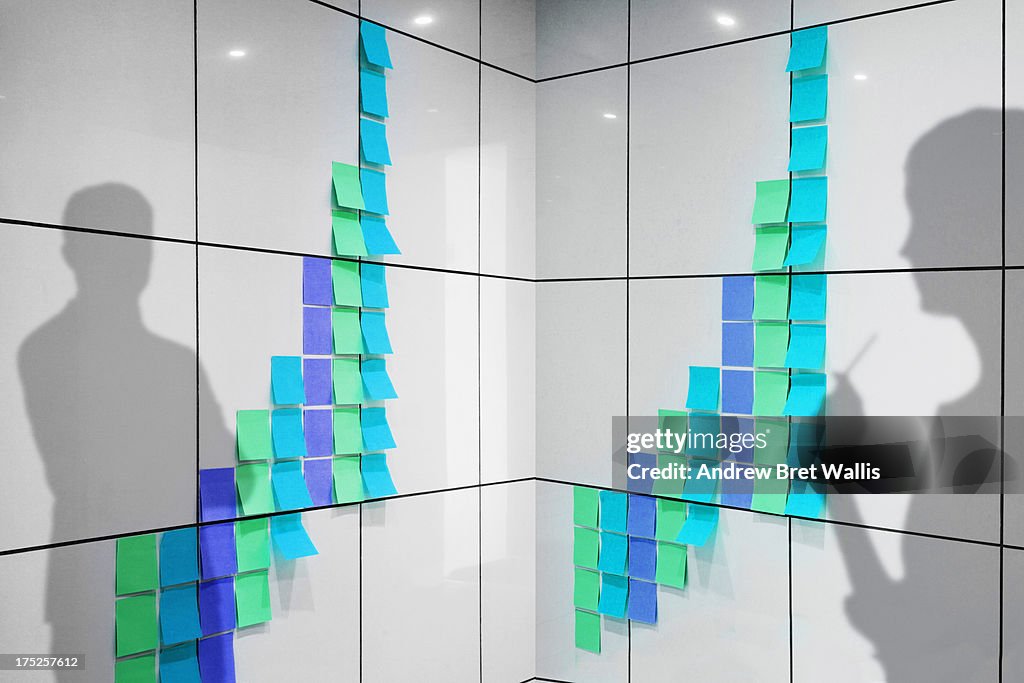 Shadows of business people study paper wall chart