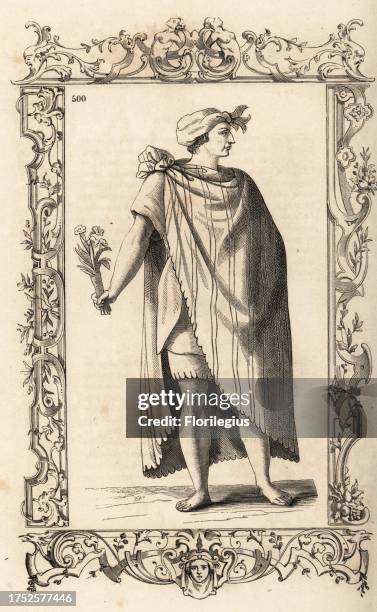 Noble Mexican man. He wears a long striped cloak or mantle knotted at the shoulder, over a tunic decorated with flowers. They worship the sun and the...
