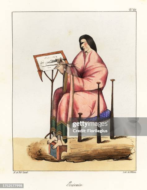 Scribe at work with quill and knife at a writing desk, seated on a chair with footrest, 9th century. Ecrivain. Handcoloured lithograph by Villain...
