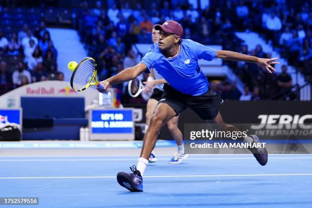 Britain's Joe Salisbury and USA's Rajeev Ram play against USA's Nathaniel Lammons and Jackson Withrow during the final men's doubles match of the...