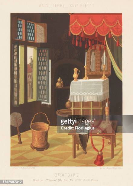 Interior of an oratory or private chapel, England, 16th century. Altar under a canopy, candlesticks, table with Bible and rosary, fan, bucket, vases....