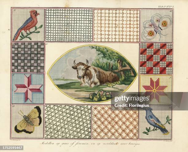 Models for embroidered muslin purses. With designs of a landscape with cow, birds, butterflies, crosses and lattice patterns. Handcoloured...