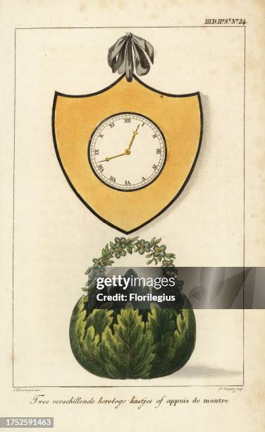 Two different clock mounts: a clock mounted in a shield and a basket of leaves and flowers. Handcoloured copperplate engraving by D. Sluyter after an...