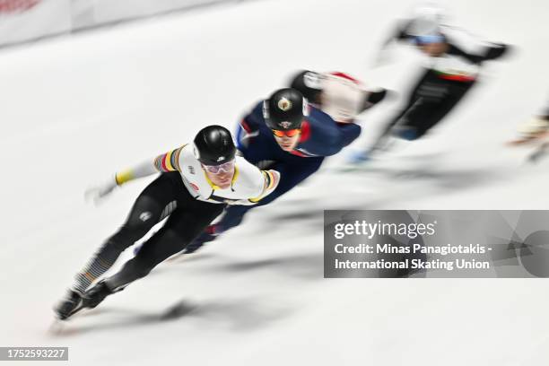 Adriaan Dewagtere of Belgium competes in the men's 1000 m repechage quarterfinals during the ISU World Cup Short Track at Maurice Richard Arena on...