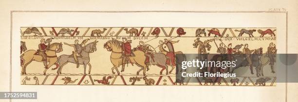 Count Guy I of Ponthieu leads Harold to Duke William of Normandy. They wear chlamys capes and hold falcons on horseback. Dragons in the borders....