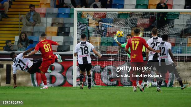 Roberto Piccoli of Lecce scores a goal during the Serie A TIM match between Udinese Calcio and US Lecce at Bluenergy Stadium on October 23, 2023 in...