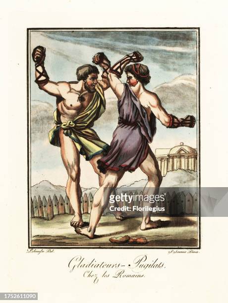 Boxers fighting in a ring, ancient Rome. The pugilists wear cesti or battle gloves and short tunics. Gladiateurs: Pugilats chez les Romains....