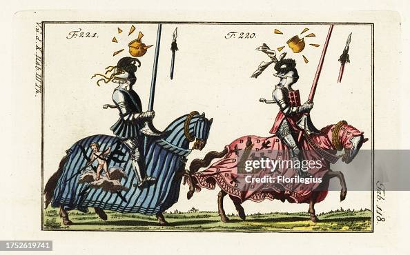 Two mounted knights in jousting armor for two different types of course