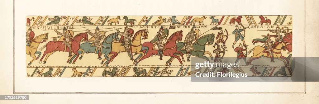 The Norman cavalry preceded by archers on foot attack the English army at the Battle of Hastings