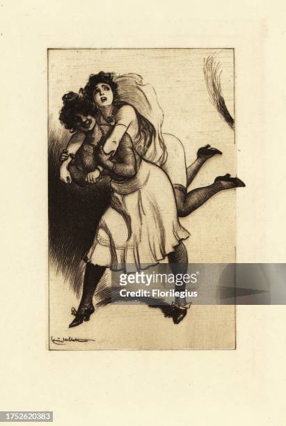 Black slave hoists a half-naked white woman for a birching. Possibly from the Victorian spanking novel The Memoirs of Dolly Morton about the...