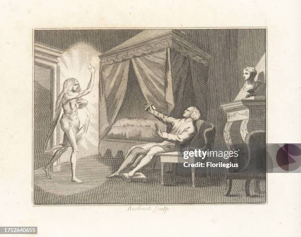 The Universal Apparition. A rake sitting in an armchair is shocked by the appearance of a spectre of a naked woman bathed in light and pointing...