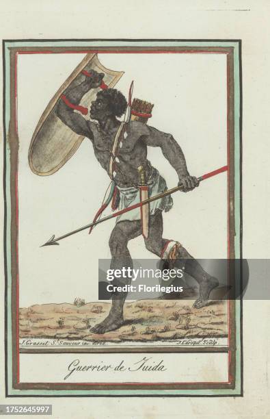 Warrior of the Kingdom of Whydah, Slave Coast, Africa . Man in loincloth armed with shield, spear, short sword, bow and quiver of arrows. Guerrier de...