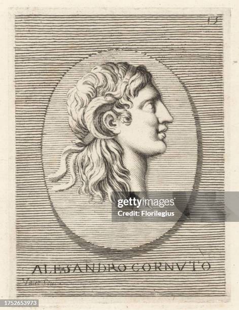 Profile portrait of Alexander the Great with horns. Alexander III of Macedon, 356 ‚Äì 323 BC, king of the ancient Greek kingdom of Macedon. Depicted...