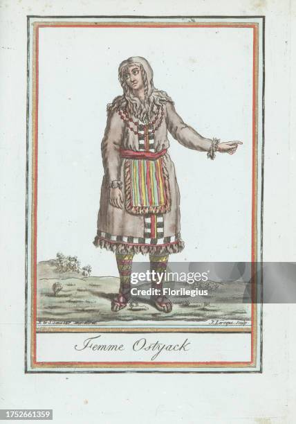 Ostyak woman of Siberia: Khanty or Ket people. In hooded coat of bear or reindeer skin, with beaded necklaces, striped apron, leggings and leather...