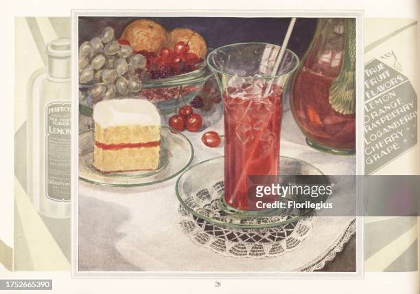 Glass of iced fruit juice with straw, pitcher of juice, slice of cake, bowl of fruit on a table with lace tablecloth. Advertisement for CPC...