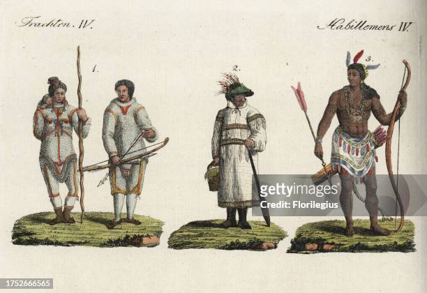 Costumes of the people of America, 18th century. Inuit man and woman of Greenland in sealskin parka, armed with bow, arrow and spear 1, Aleutian man...