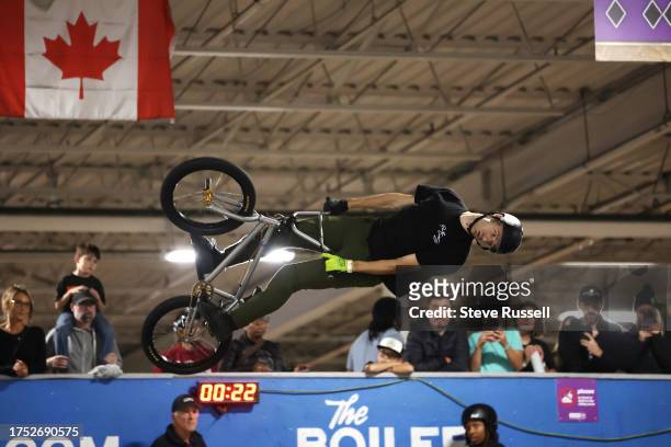 Ben Malette soars during the Freestyle BMX Canadian Nationals hosted during the annual Halloween Jam at Joyride 150 in Markham. October 27, 2023.