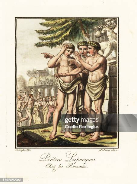 Luperci, priests of the Lupercalia, in laurel wreaths, ancient Rome. One priest anoints the forehead of another with blood from the sacrificial knife...