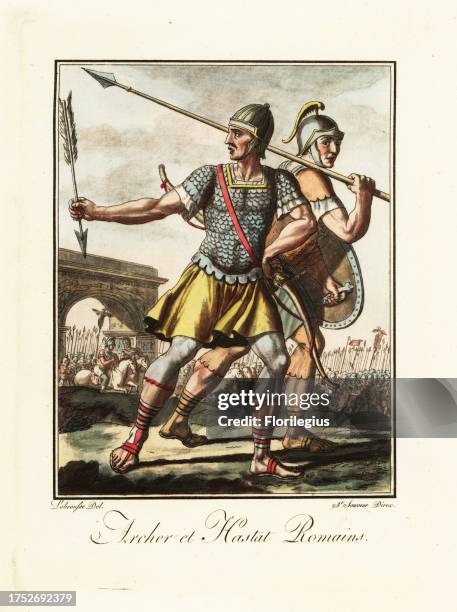 Roman archer sagittarius and spearman hastatus, ancient Rome. Bowman in galea helmet, lorica squamata or scale armour breastplate, tunic, sagulum...