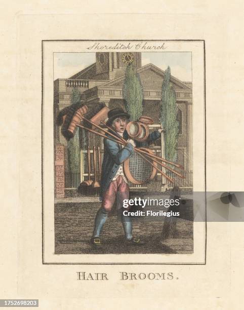 Broom seller in front of Shoreditch Church. In hat, coat, waistcoat and breeches, buckle shoes, with horse-hair brooms, brushes, wooden sieves and...