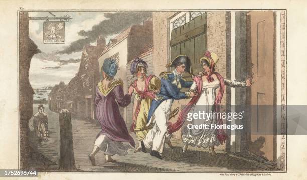 Drunken sailor is enticed by a prostitute into a brothel in an alley near Plymouth Dock, Regency era. A nightwatchman watches from the Lord Nelson...