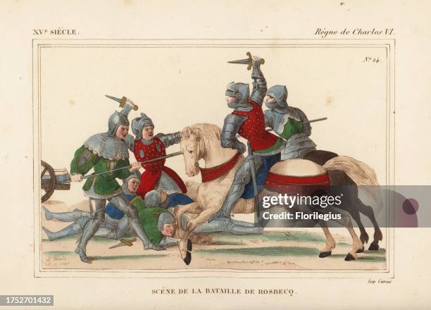 Scene from the Battle of Roosebeke , Flanders between the French and Flemish armies. Knights in suits of armour fight with swords and lances over...