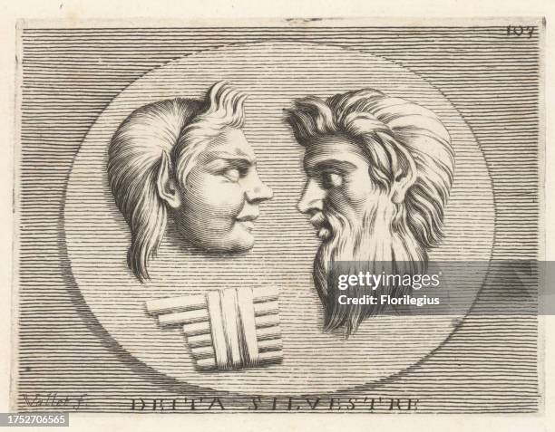 Heads of Greek woodland gods with syrinx or pan flute. Heads of a Faun, half human and half goat, and a Satyr or Silenus, bearded man with horse...