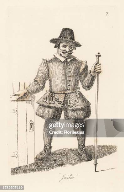 London gaoler in the Stuart era, reign of King James I of England. In hat, doublet, breeches, hose and shoes, with staff and keys on a chain from his...