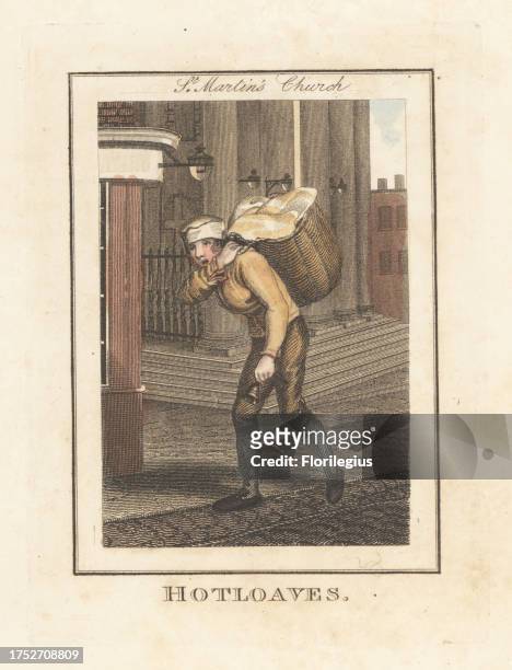 Baker selling bread in front of St. Martin's Church, London, 1805. Baker in jacket and breeches, ringing a bell, and selling hot loaves from a...