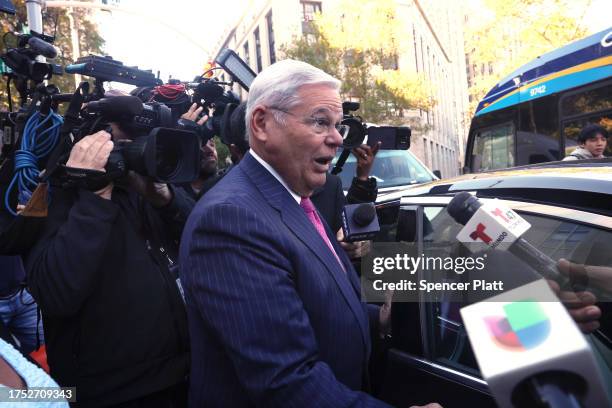 Senator Bob Menendez, , departs a New York City court after pleading not guilty to new charges on October 23, 2023 in New York City. Menendez was...