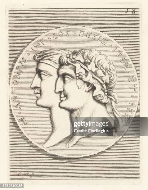 Heads of Mark Antony and Cleopatra. Marcus Antonius, Roman politician, consul and general, 83-30 BC, wearing a crown of ivy leaves and berries sacred...