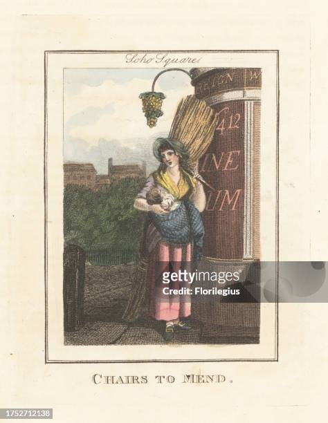 Chair-mender looking for customers in Soho Square, London, 1805. Woman in bonnet nursing a baby with a bundle of rushes on her back. The gardens and...