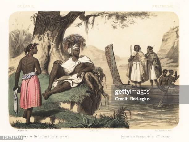 Costumes of Polynesia and Oceania, 1858. Inhabitants of Nuku Hiva , tattooed chief in feather headdress and cloak, tattooed woman. Maori men in...