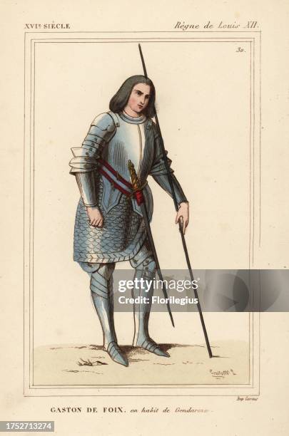 Gaston de Foix, Duke of Nemours, military commander in suit of armour with tonlet 1489-1512. Handcoloured lithograph by Leopold Massard after a...