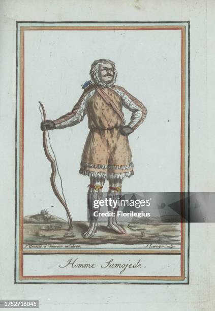 Samoyedic man of Siberia, Nenets, Enets, Nganasans or Selkups people. In hooded coat or parka and leggings made of animal skins and duck feathers,...