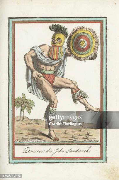 Male dancer of the Sandwich Isles, now Hawaii. In makini, a gourd helmet and mask with feather crest and tapa strips, short cape and loincloth. He...