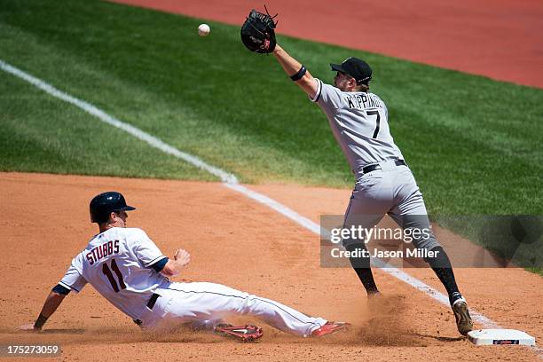 Drew Stubbs of the Cleveland Indians is out as first baseman Jeff Keppinger of the Chicago White Sox beats Stubbs to the bag after Nick Swisher flied...