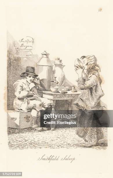 Chinese woman drinks a bowl of saloop or salep at a stall in Smithfield market. A vendor in hat, coat and boots sits next to a saloop tank with...