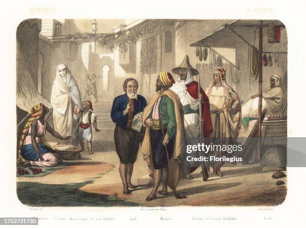 Costumes of Algeria, 1858. Black African woman selling produce, Muslim woman in haik with child, Jewish man, Muslim man, Kabyle Berber man with...